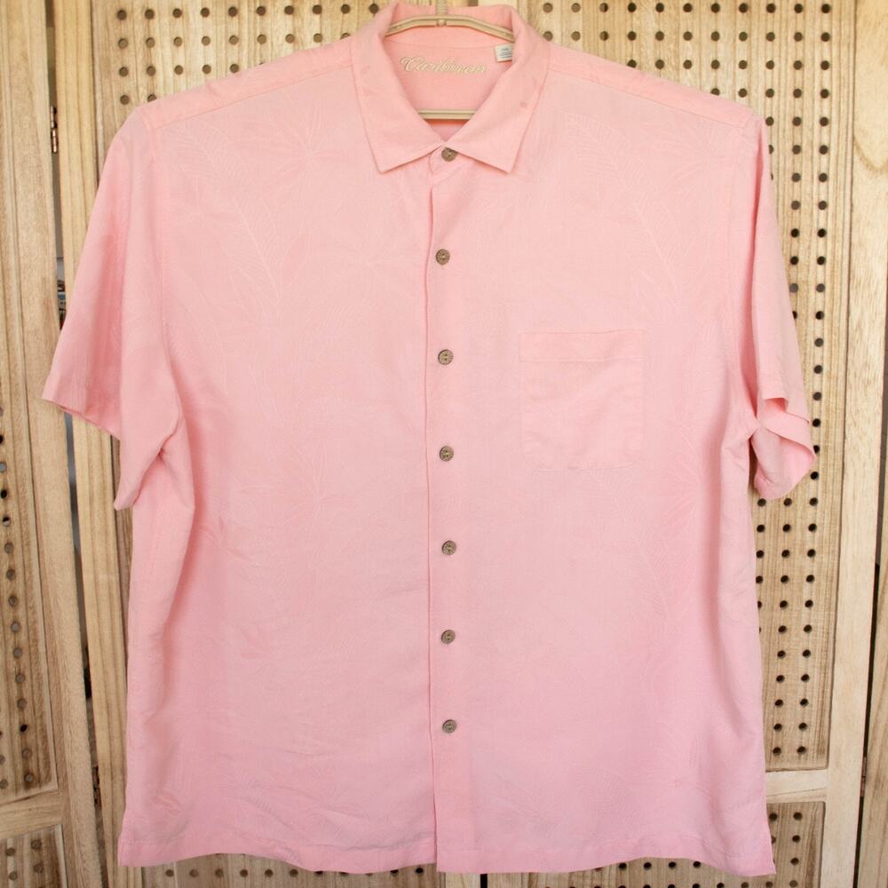 Caribbean Coral Pink Button Up Shirt Tropical Embossed Mens SIZE XXL